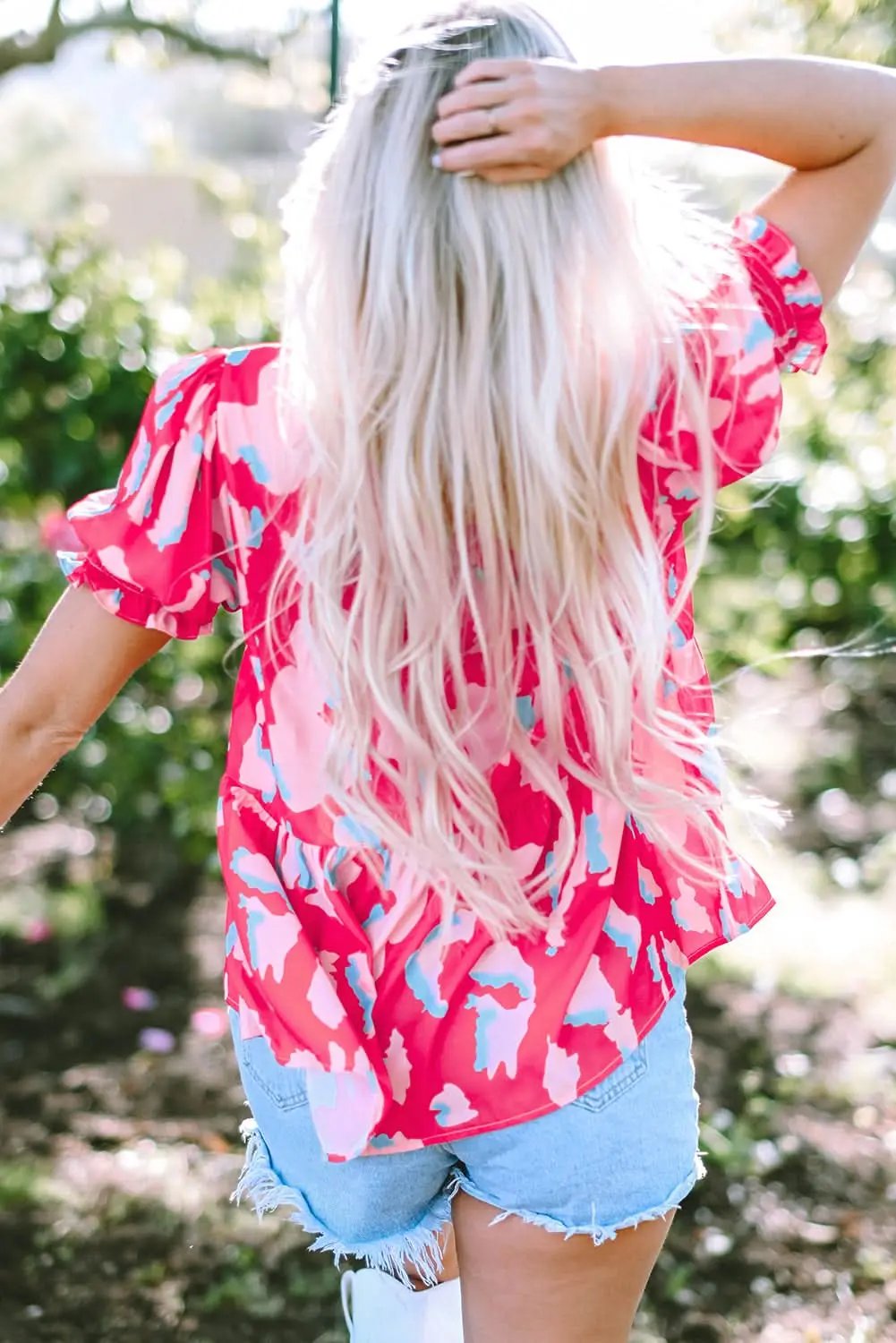 Rose Abstract Print Smocked Puff Sleeve V Neck Blouse - Love Salve